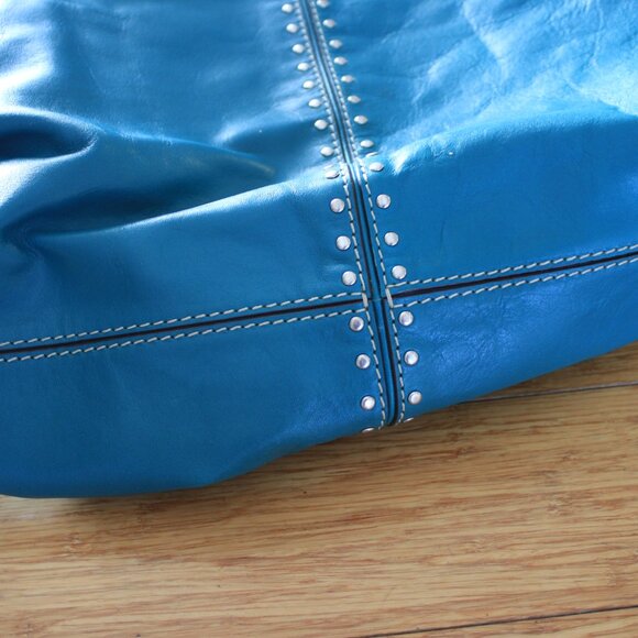 Michael Kors Turquoise Blue Leather Tote Hobo Bag Silver Detail Excellent - Picture 5 of 6